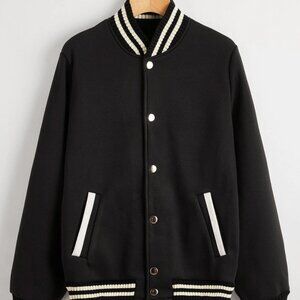 SHEIN EZwear Striped Button Up Black Baseball Bomber Jacket Size Small